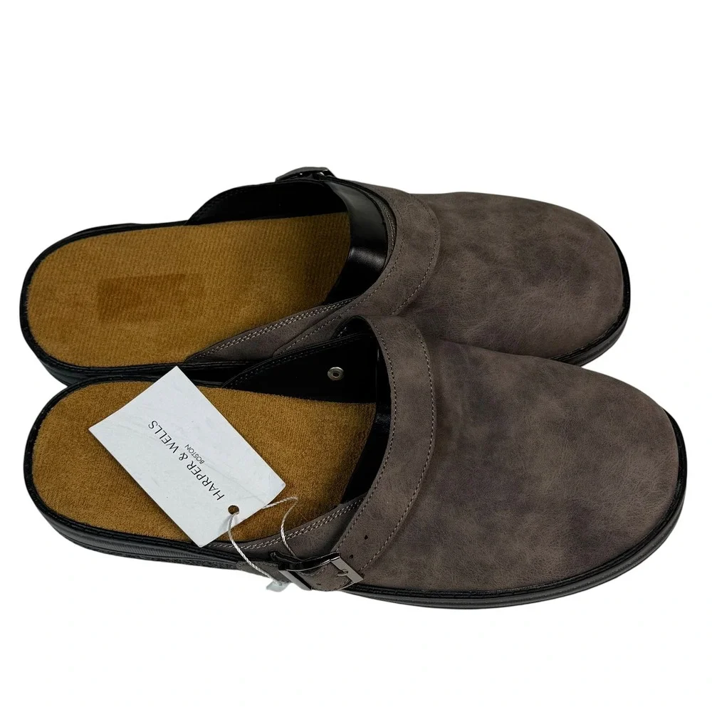 Harper & Wells Boston Mens Clogs Mules Dark Taupe Brown Buckle Size 43 NEW